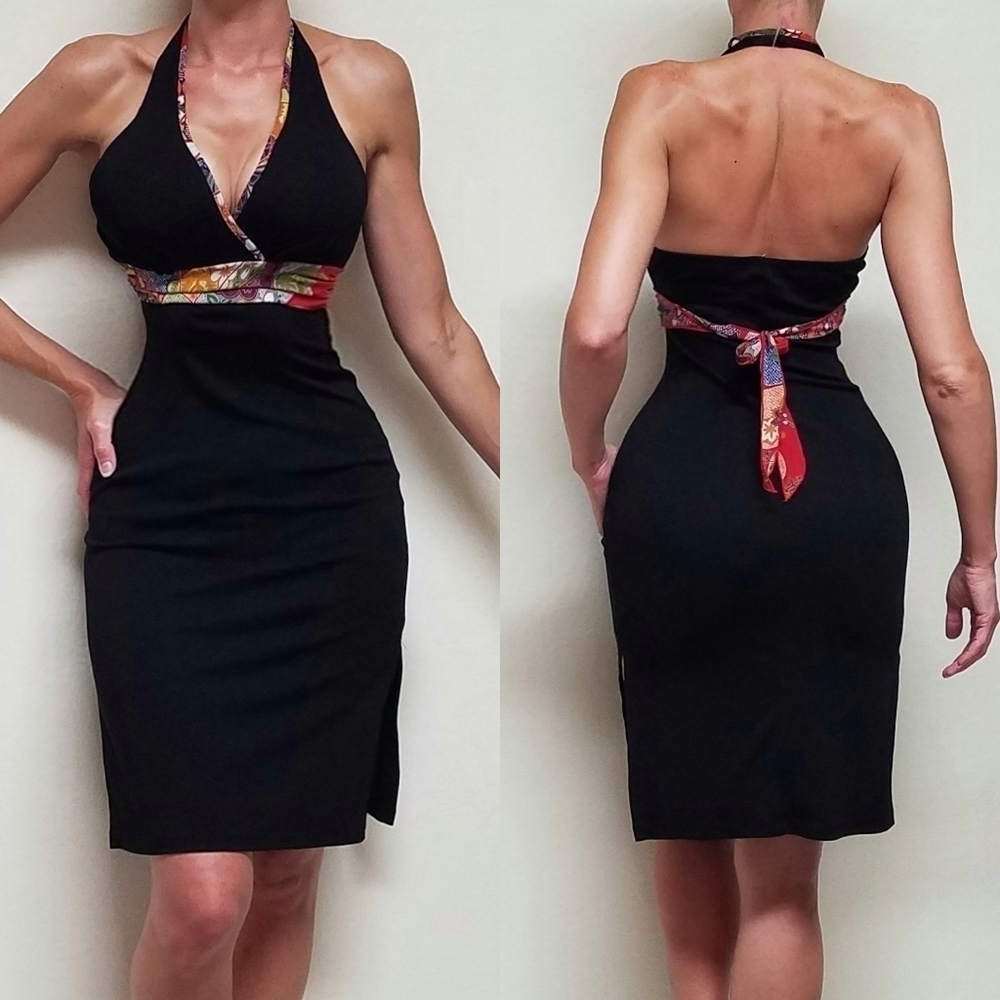 VINTAGE Y2K Hourglass Black Floral Belted Side Slit V-neck Bodycon Halter Dress